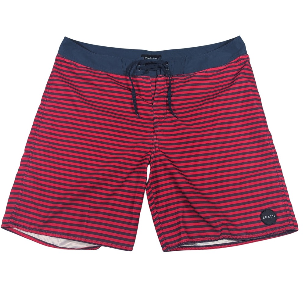 Brixton Board Shorts Mens 38 Red Navy Blue Striped Polyester Lace Up Swim Trunks